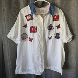 Bobbie Brooks Vtg 90s Flower Butterfly Embroidered Short Slv Button Down Top 22W